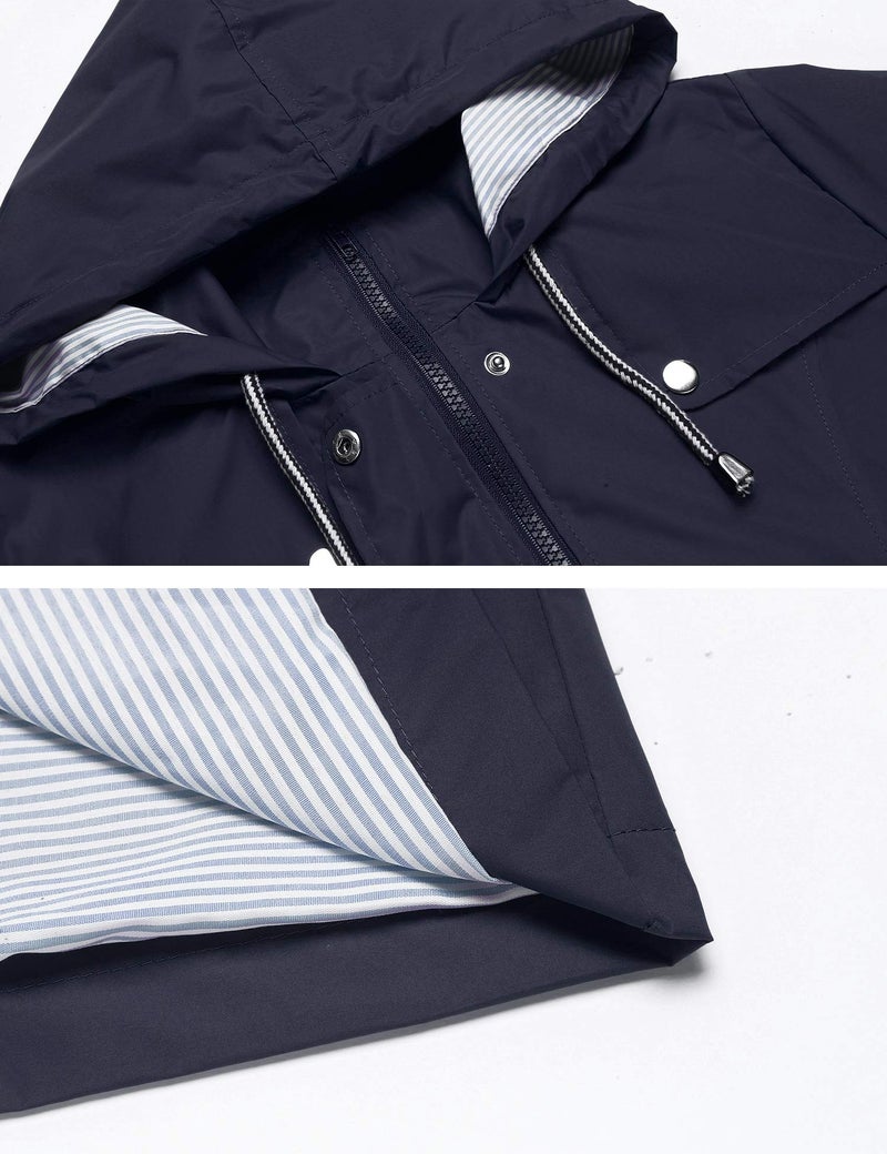 LOMON Women Casual Raincoats Active Outdoor Hooded Rainproof Jacket Women Striped Lined Hooded Packable Rain Jacket Outdoor Navy Blue XL - Image 4